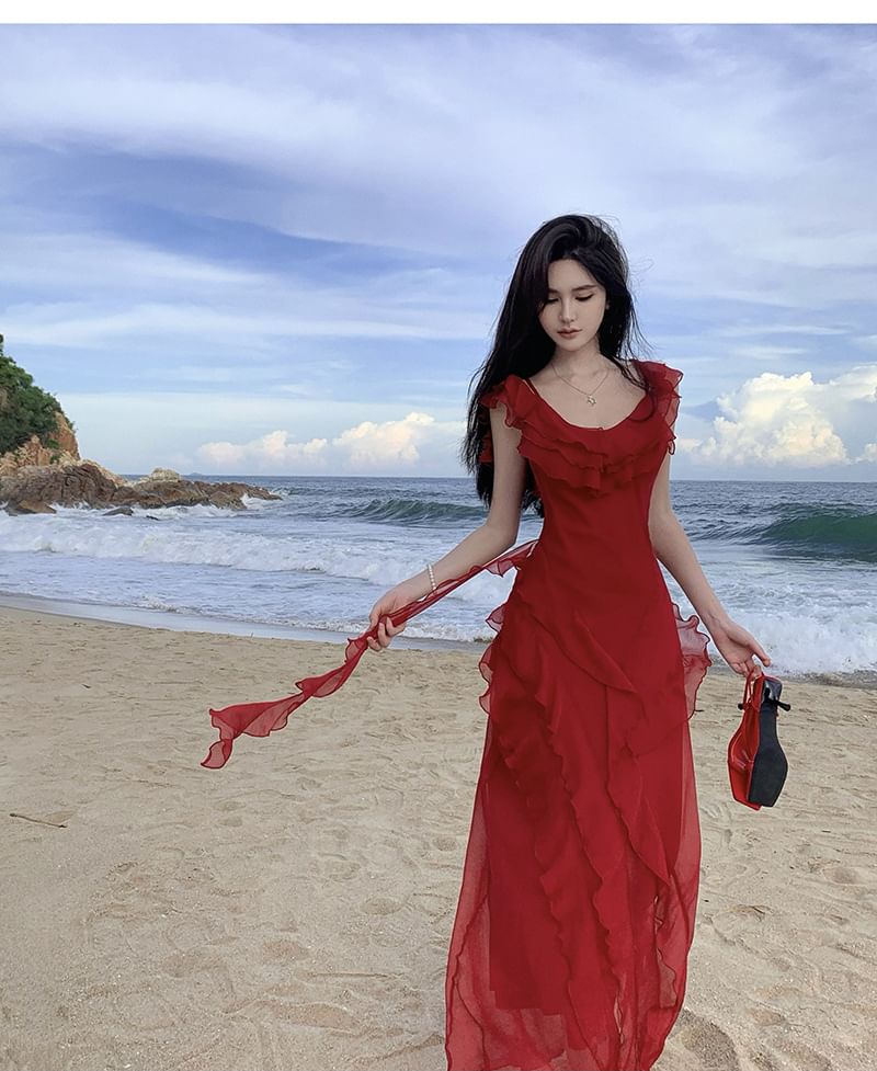 Cold-Shoulder Plain Ruffle Asymmetrical Maxi Sundress