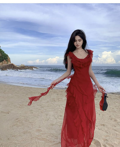 Cold-Shoulder Plain Ruffle Asymmetrical Maxi Sundress