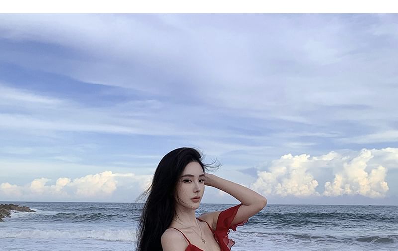 Cold-Shoulder Plain Ruffle Asymmetrical Maxi Sundress