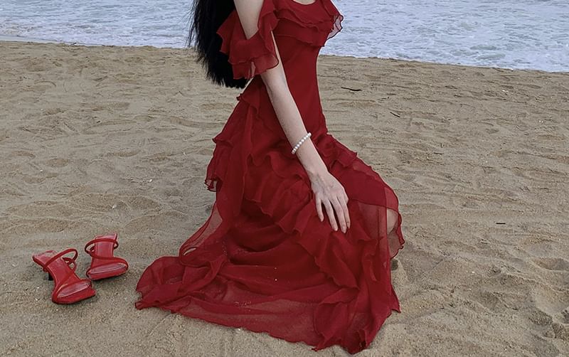Cold-Shoulder Plain Ruffle Asymmetrical Maxi Sundress