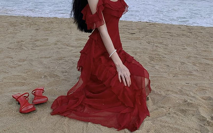 Cold-Shoulder Plain Ruffle Asymmetrical Maxi Sundress