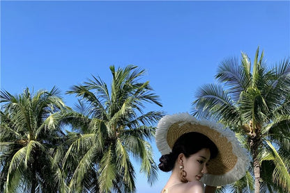 Spaghetti Strap Plain Ruffle Cutout Slit Maxi A-Line Dress