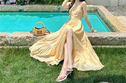 Spaghetti Strap Plain Ruffle Cutout Slit Maxi A-Line Dress