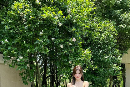 Spaghetti Strap Plain Ruffle Cutout Slit Maxi A-Line Dress