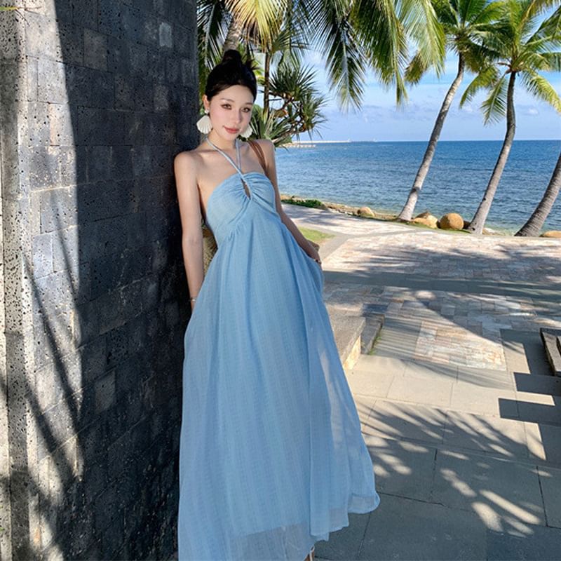 Halter Plain Tie Back Maxi A-Line Dress