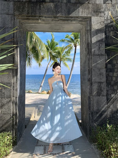 Halter Plain Tie Back Maxi A-Line Dress