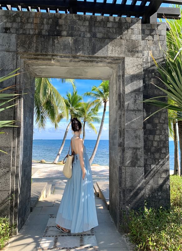 Halter Plain Tie Back Maxi A-Line Dress