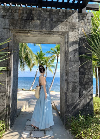 Halter Plain Tie Back Maxi A-Line Dress