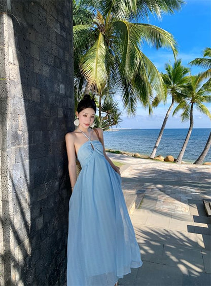 Halter Plain Tie Back Maxi A-Line Dress