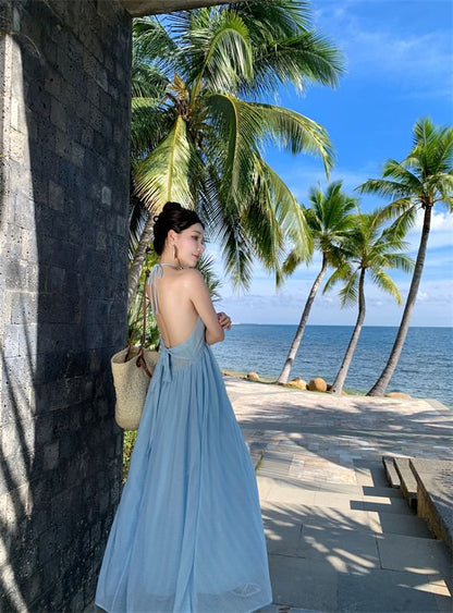 Halter Plain Tie Back Maxi A-Line Dress