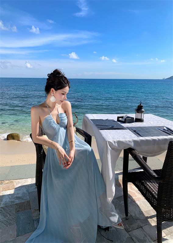 Halter Plain Tie Back Maxi A-Line Dress