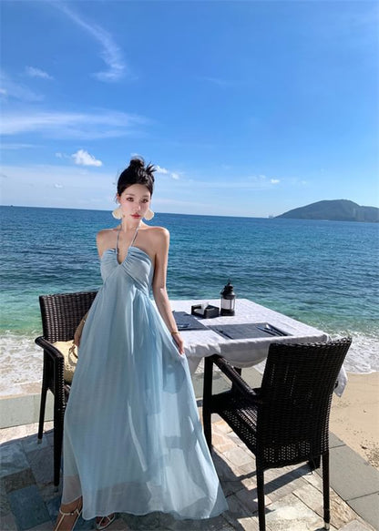 Halter Plain Tie Back Maxi A-Line Dress