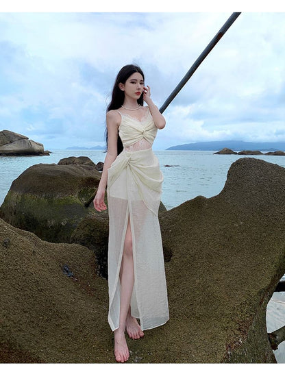 Spaghetti Strap V-Neck Plain Slit Ruched Panel Lace Maxi A-Line Dress