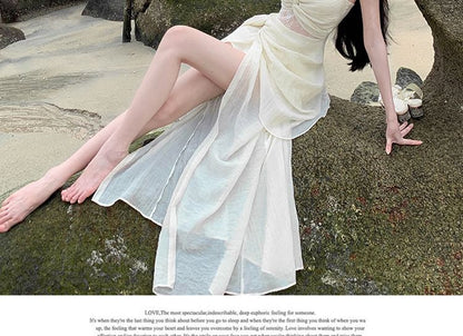 Spaghetti Strap V-Neck Plain Slit Ruched Panel Lace Maxi A-Line Dress