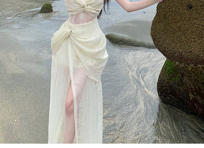 Spaghetti Strap V-Neck Plain Slit Ruched Panel Lace Maxi A-Line Dress