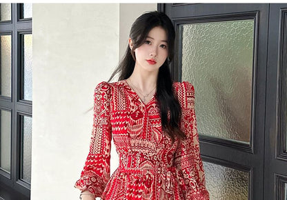 Long-Sleeve V-Neck Patterned Print Slit Maxi A-Line Dress