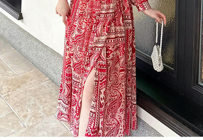 Long-Sleeve V-Neck Patterned Print Slit Maxi A-Line Dress