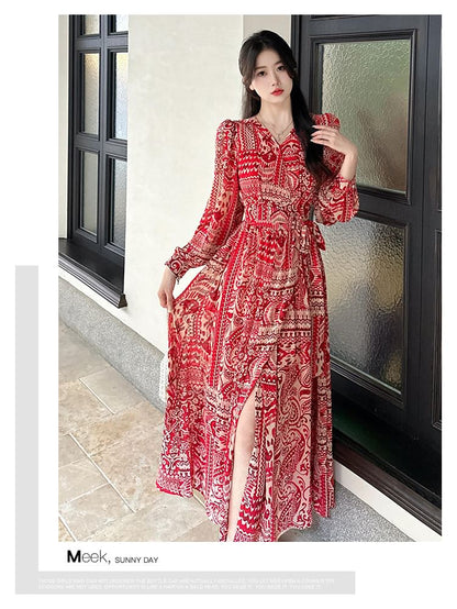 Long-Sleeve V-Neck Patterned Print Slit Maxi A-Line Dress