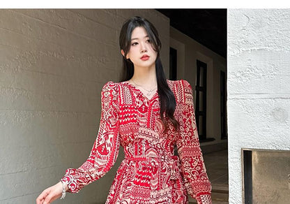 Long-Sleeve V-Neck Patterned Print Slit Maxi A-Line Dress