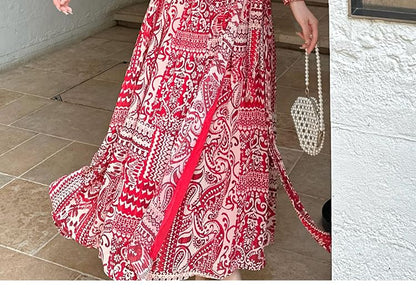 Long-Sleeve V-Neck Patterned Print Slit Maxi A-Line Dress