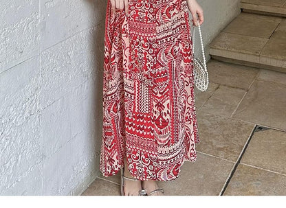 Long-Sleeve V-Neck Patterned Print Slit Maxi A-Line Dress