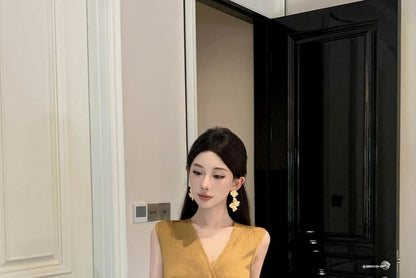 Sleeveless V-Neck Plain Ruched Slit Maxi Sheath Wrap Dress