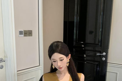 Sleeveless V-Neck Plain Ruched Slit Maxi Sheath Wrap Dress