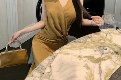 Sleeveless V-Neck Plain Ruched Slit Maxi Sheath Wrap Dress