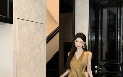 Sleeveless V-Neck Plain Ruched Slit Maxi Sheath Wrap Dress