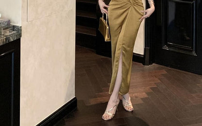 Sleeveless V-Neck Plain Ruched Slit Maxi Sheath Wrap Dress