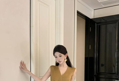 Sleeveless V-Neck Plain Ruched Slit Maxi Sheath Wrap Dress