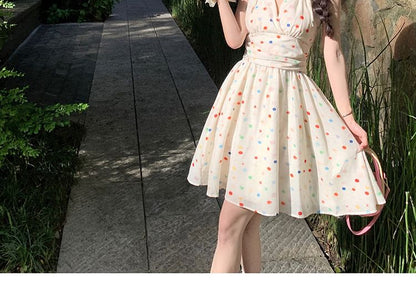 Halter V-Neck Dotted Mini A-Line Dress