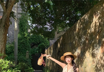 Halter V-Neck Dotted Mini A-Line Dress