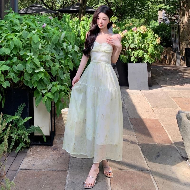 Spaghetti Strap Patterned Print Lace Up Maxi A-Line Dress