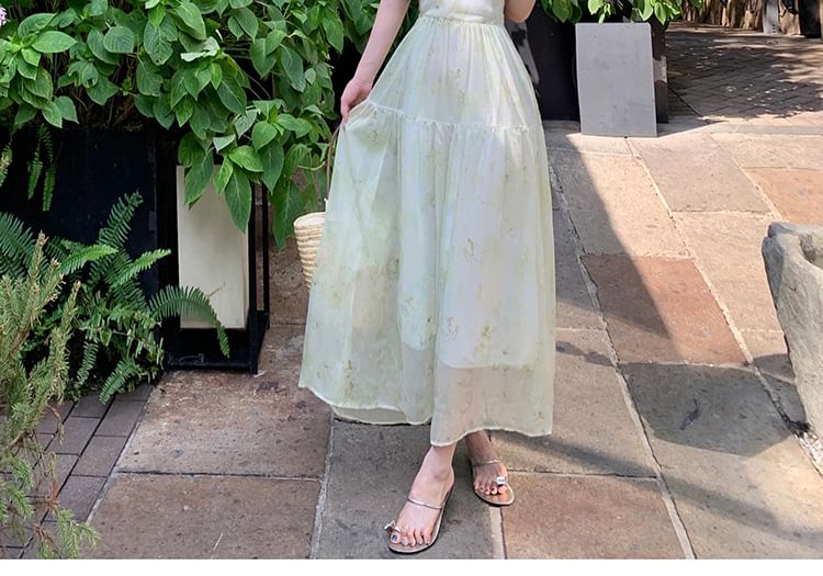 Spaghetti Strap Patterned Print Lace Up Maxi A-Line Dress