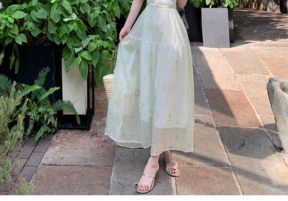 Spaghetti Strap Patterned Print Lace Up Maxi A-Line Dress