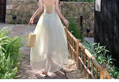 Spaghetti Strap Patterned Print Lace Up Maxi A-Line Dress