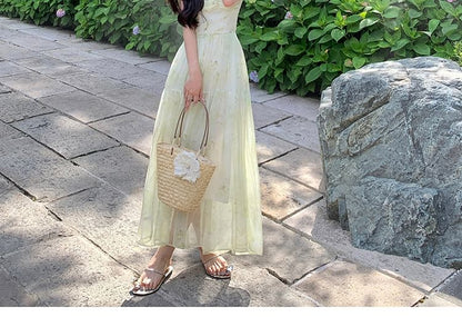 Spaghetti Strap Patterned Print Lace Up Maxi A-Line Dress