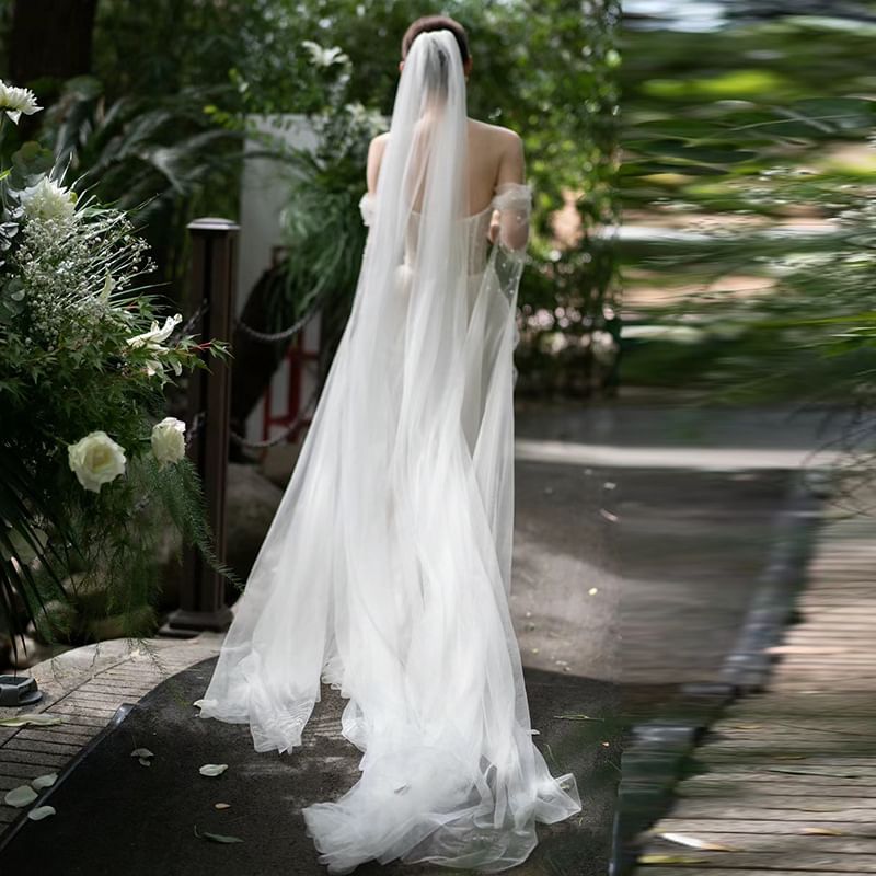 Beaded Off-Shoulder Mesh Wedding Gown Corset Sheath