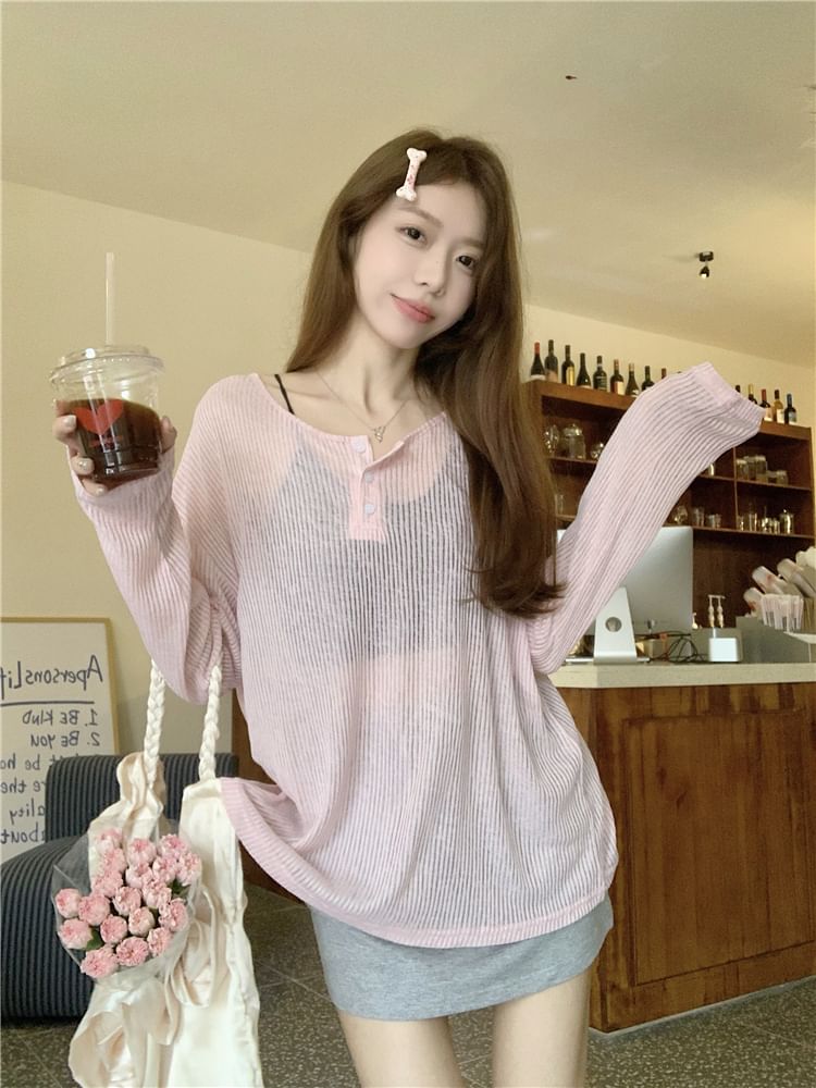 Long-Sleeve Henley Open Back Ribbed Tee with Drawstring Waist Melange Mini Pencil Skirt