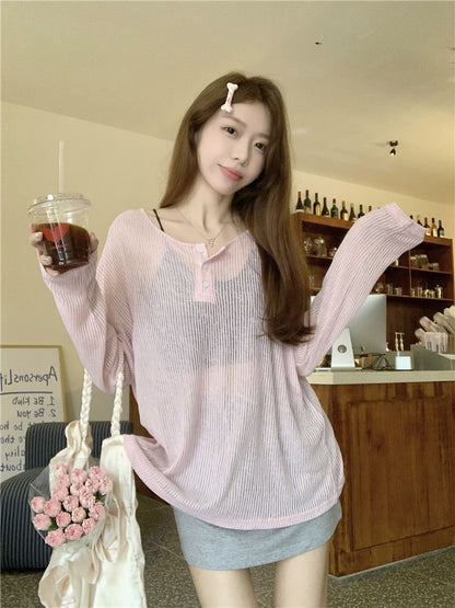 Long-Sleeve Henley Open Back Ribbed Tee with Drawstring Waist Melange Mini Pencil Skirt