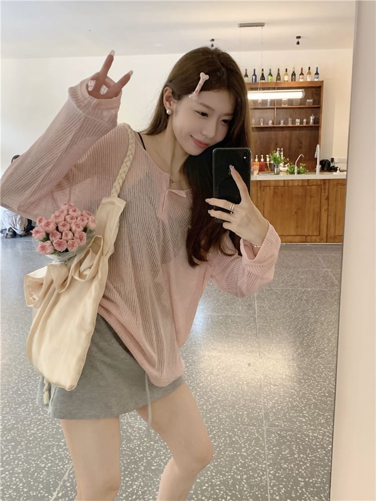 Long-Sleeve Henley Open Back Ribbed Tee with Drawstring Waist Melange Mini Pencil Skirt