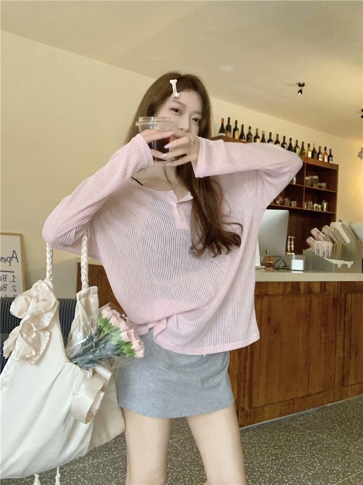 Long-Sleeve Henley Open Back Ribbed Tee with Drawstring Waist Melange Mini Pencil Skirt