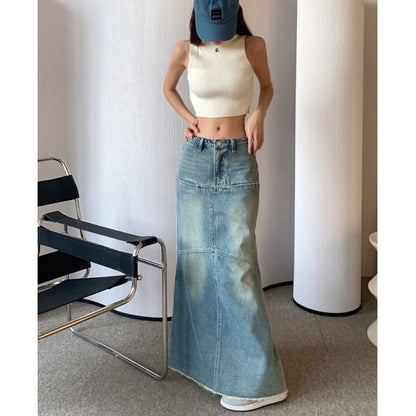 Elevated Waist Faded Denim Maxi Slim Skirt