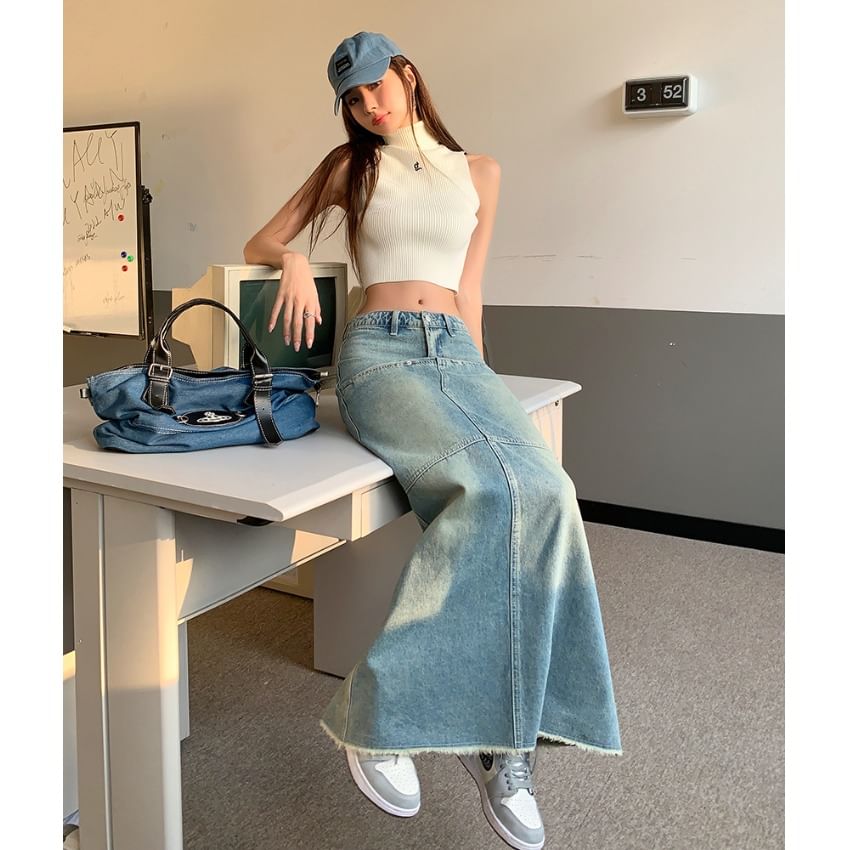 Elevated Waist Faded Denim Maxi Slim Skirt