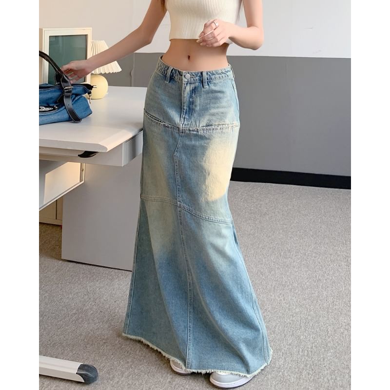 Elevated Waist Faded Denim Maxi Slim Skirt