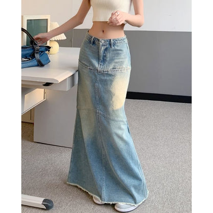 Elevated Waist Faded Denim Maxi Slim Skirt