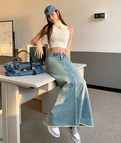 Elevated Waist Faded Denim Maxi Slim Skirt