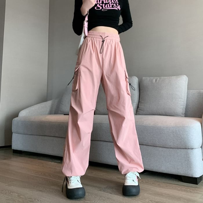 High Rise Plain Pocket Straight-Fit Wide-Leg Pants