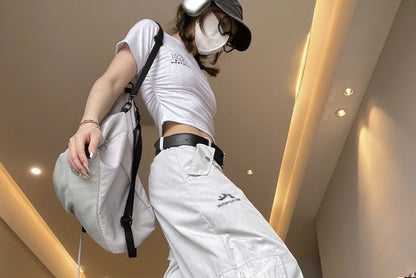 High Waist Plain Pocket Loose-Fit Wide-Leg Cargo Pants